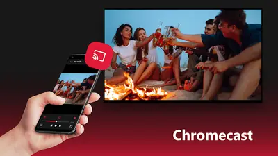 Hand holding a phone casting a video to a TV with the Chromecast cast icon
