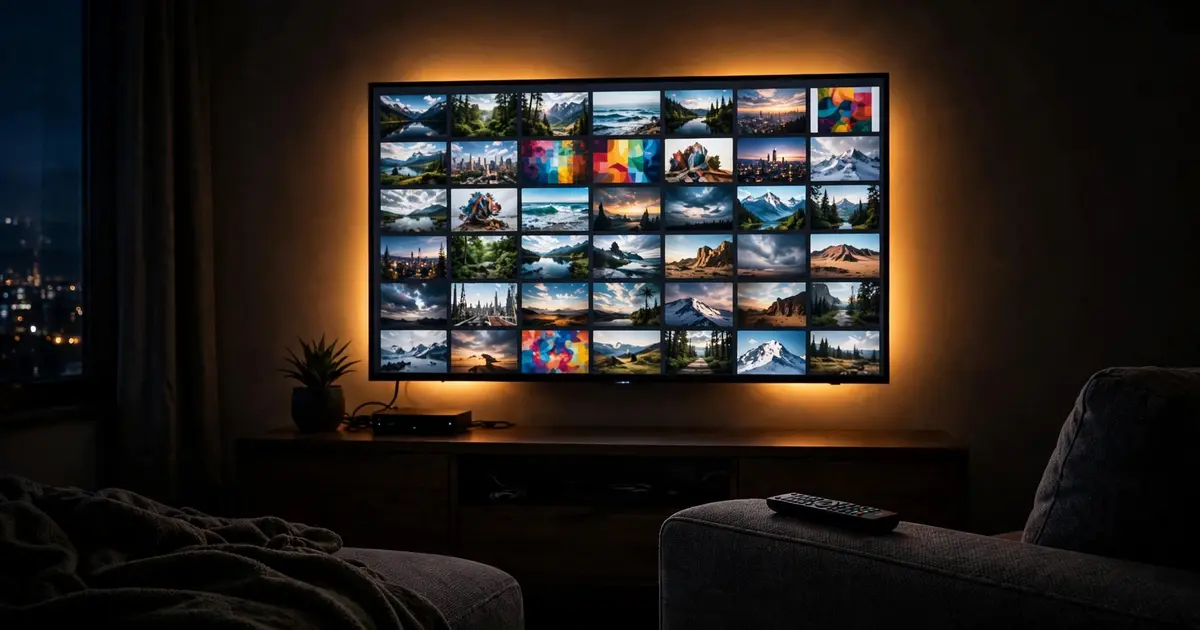 A large TV glowing in a dark living room with a remote on the couch armrest