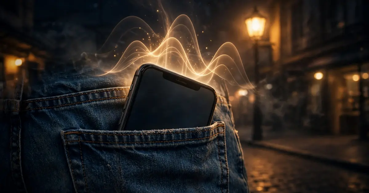 A phone half in a jeans pocket with glowing sound waves rising into the night air