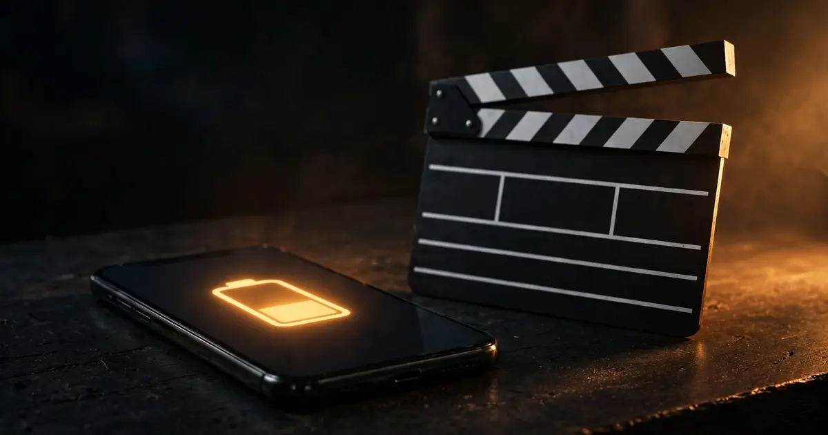 A smartphone with glowing battery icon on a dark desk next to a film clapperboard