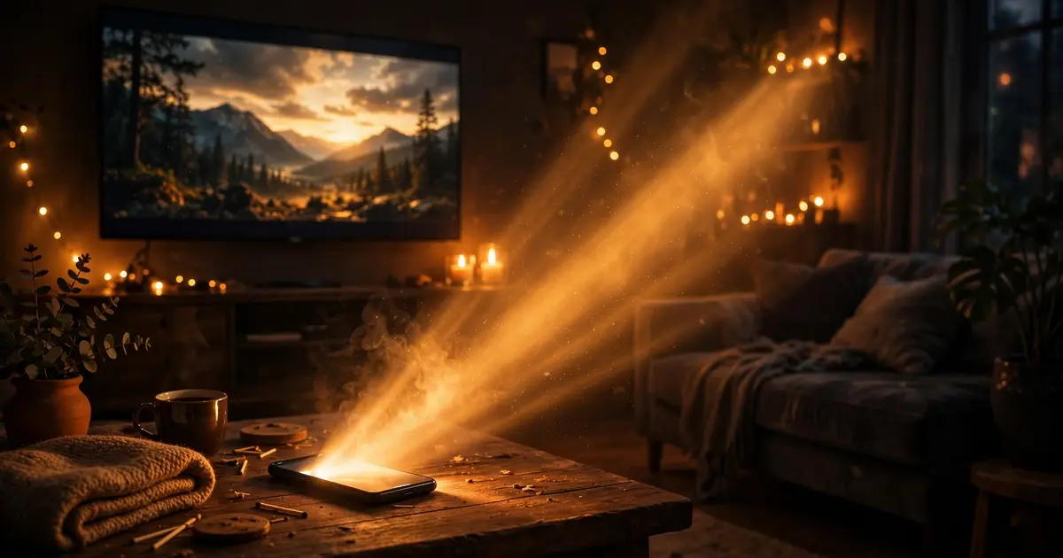 A smartphone casting a beam of light to a large TV screen in a dark living room