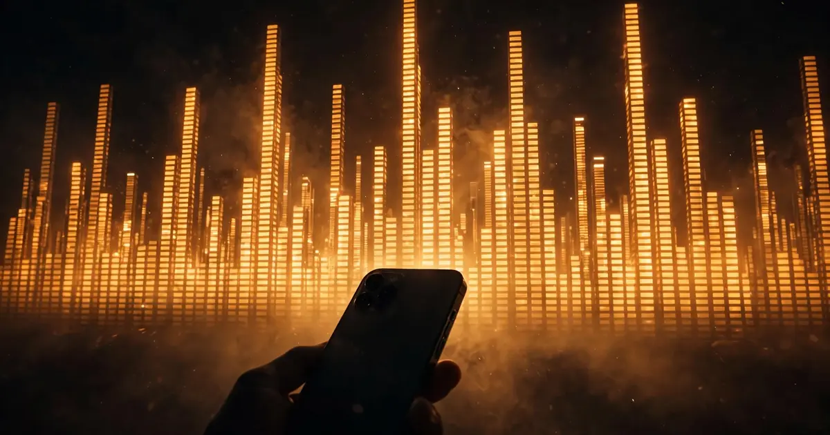 A wall of glowing amber equalizer bars rising in the dark with a phone silhouette