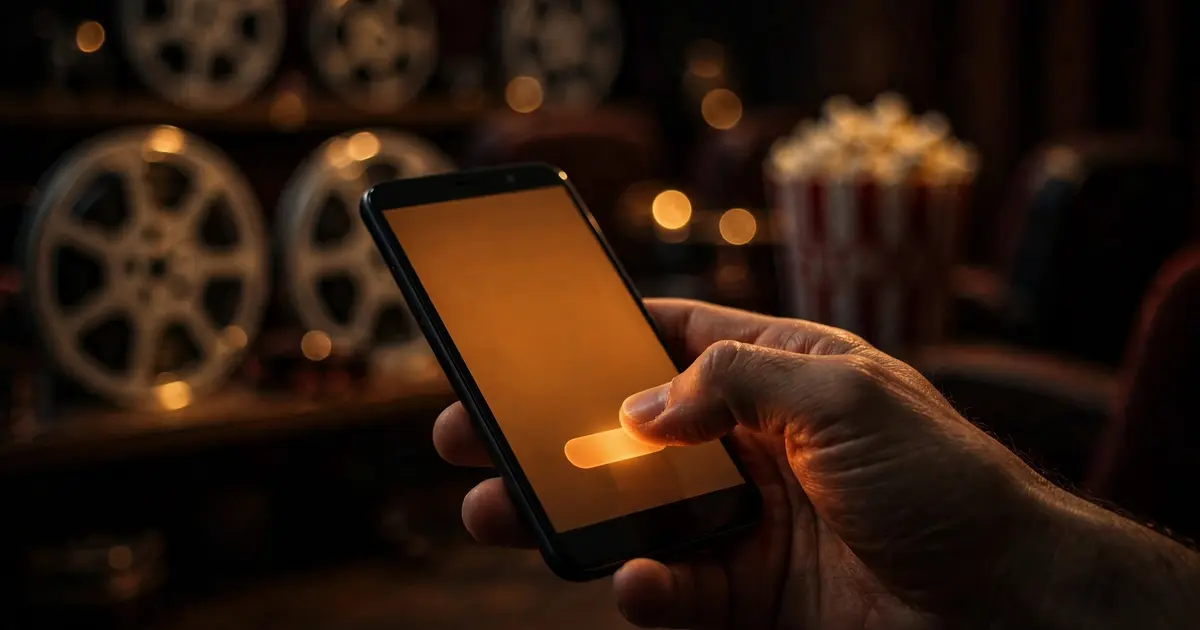 Hand tapping install on an Android phone glowing amber in a dark home cinema room