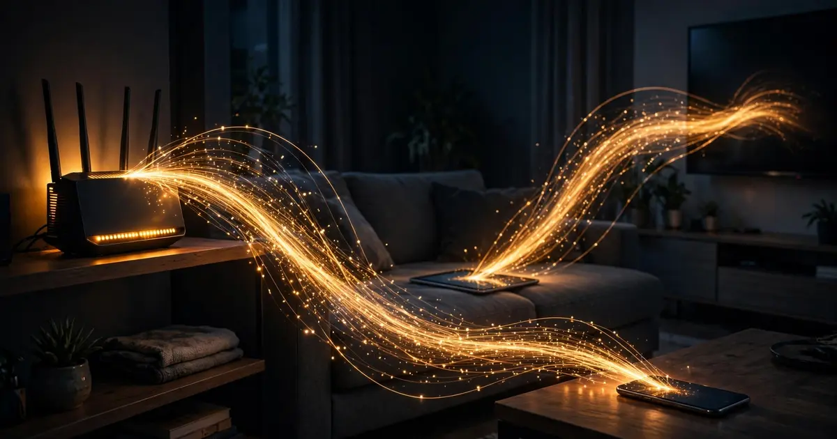 A glowing router with streams of light flowing to a phone, tablet and TV in a dark living room