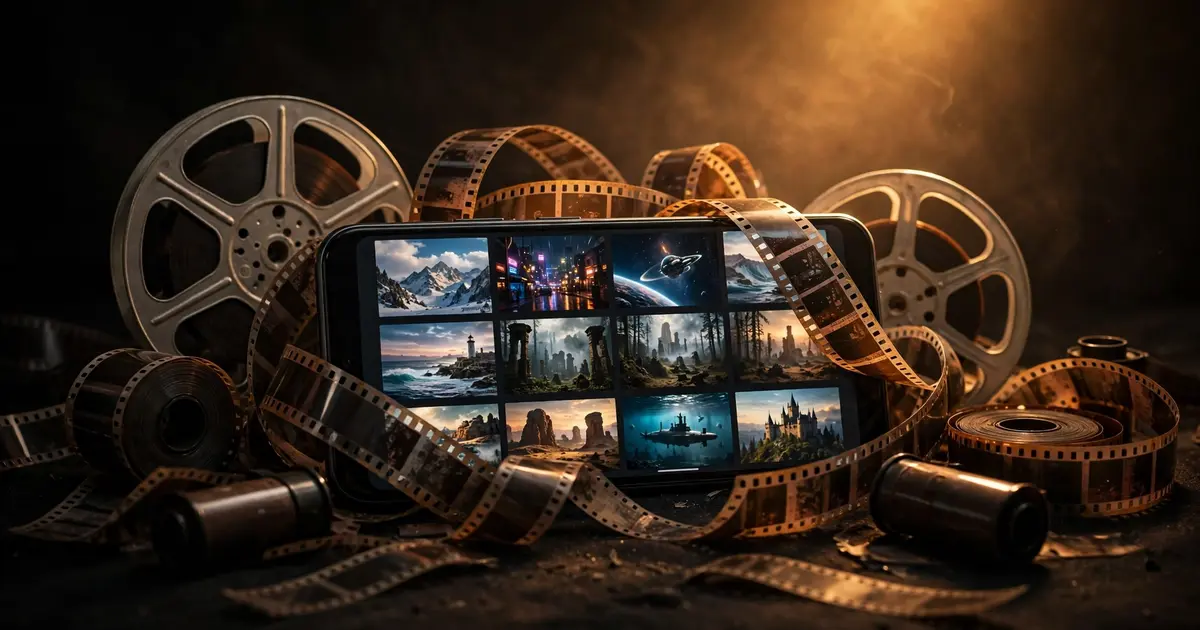 An Android phone with downloaded movies wrapped in vintage 35mm film reels under a spotlight