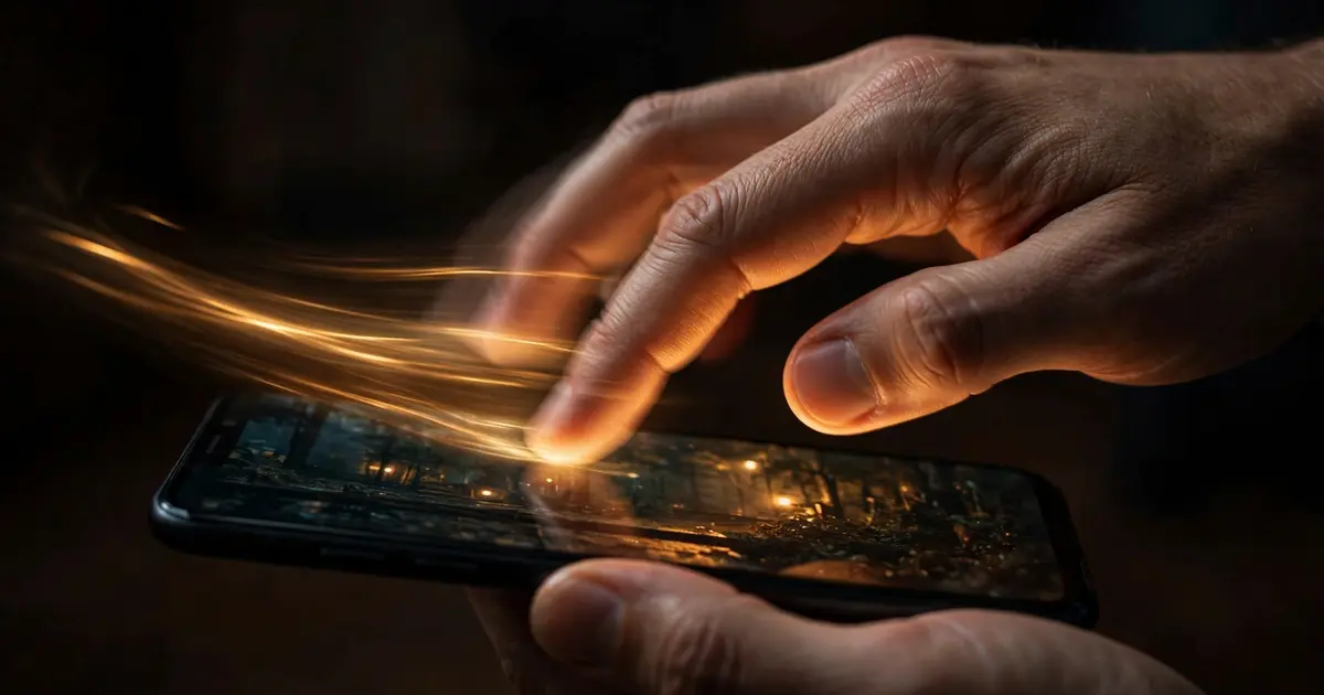 A hand swiping across a glowing phone screen with motion blur trails in a dark room