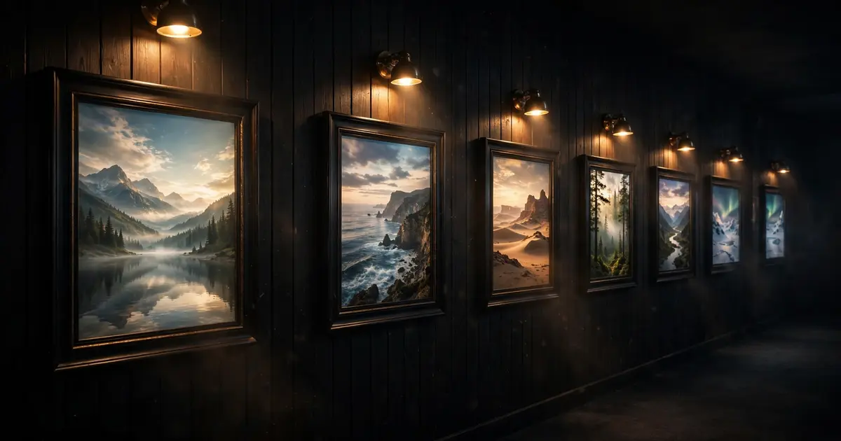 A queue of glowing movie poster frames lined up like a playlist on a dark theater wall