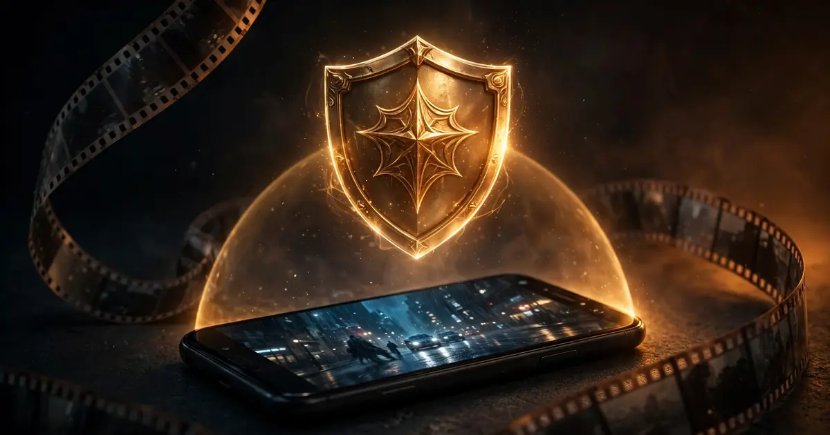 A glowing shield emblem floating protectively over a phone playing a movie