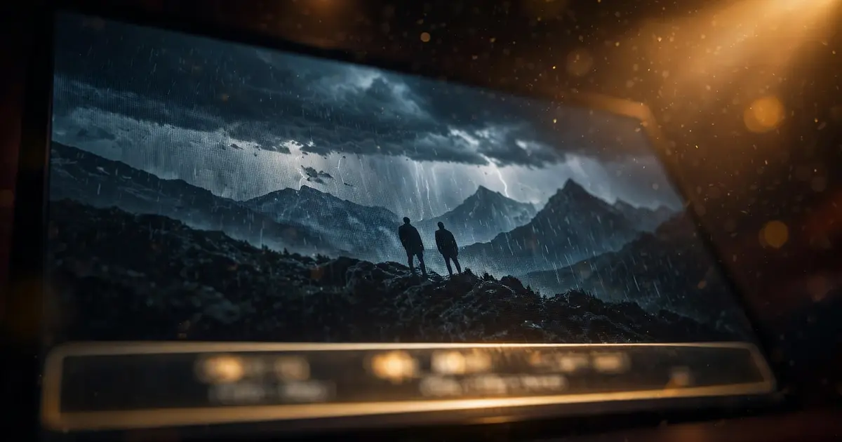 Close-up of a cinema screen with glowing subtitle bar at the bottom in a dark theater