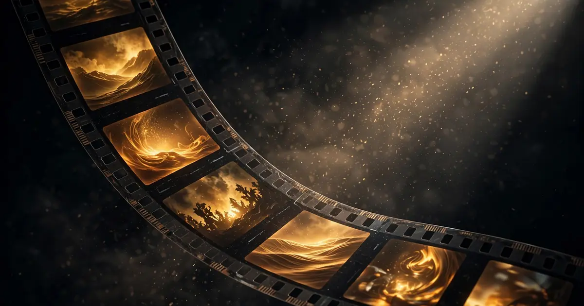 A glowing 35mm film strip curving through dark space in a projector beam