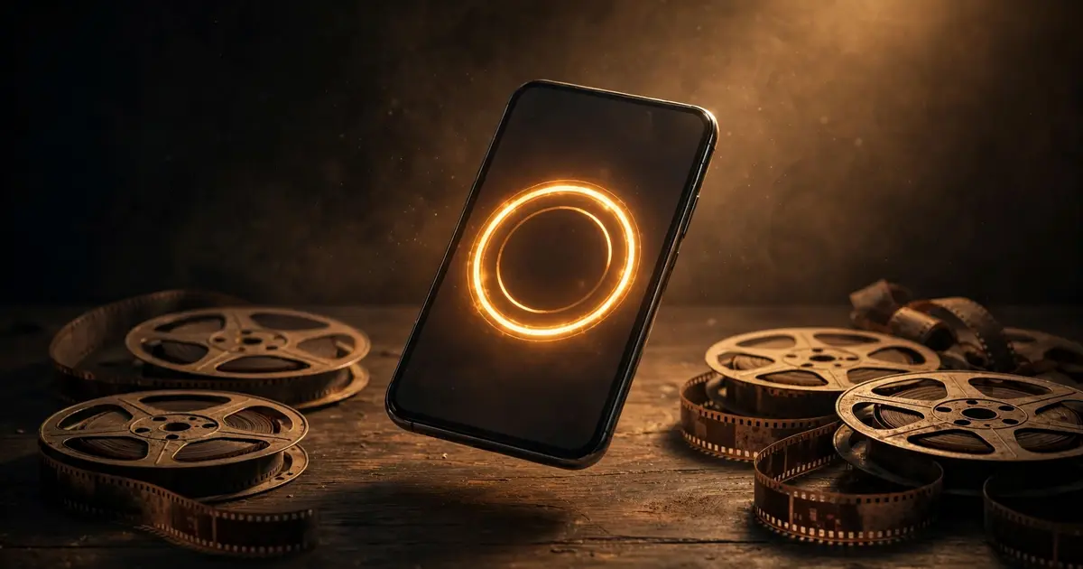 A phone screen showing a glowing update progress ring above film reels on a wooden table