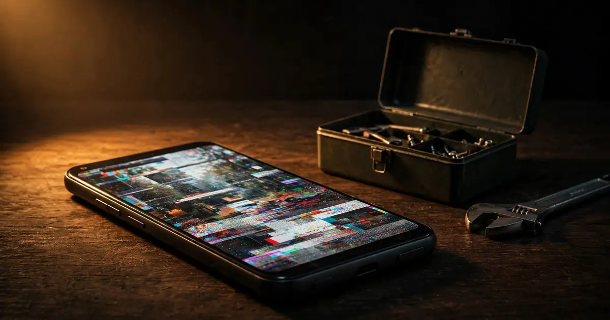 A phone showing a frozen video frame on a dark table with a small toolbox beside it