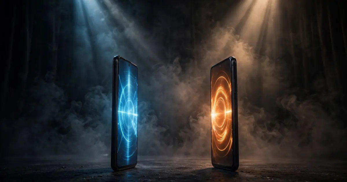 Two spotlit smartphones facing each other on a dark stage like boxers before a match