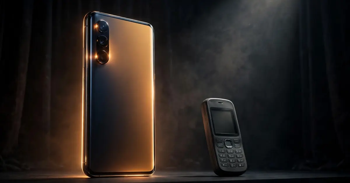A premium glowing smartphone standing tall next to a dull grey basic phone in shadow