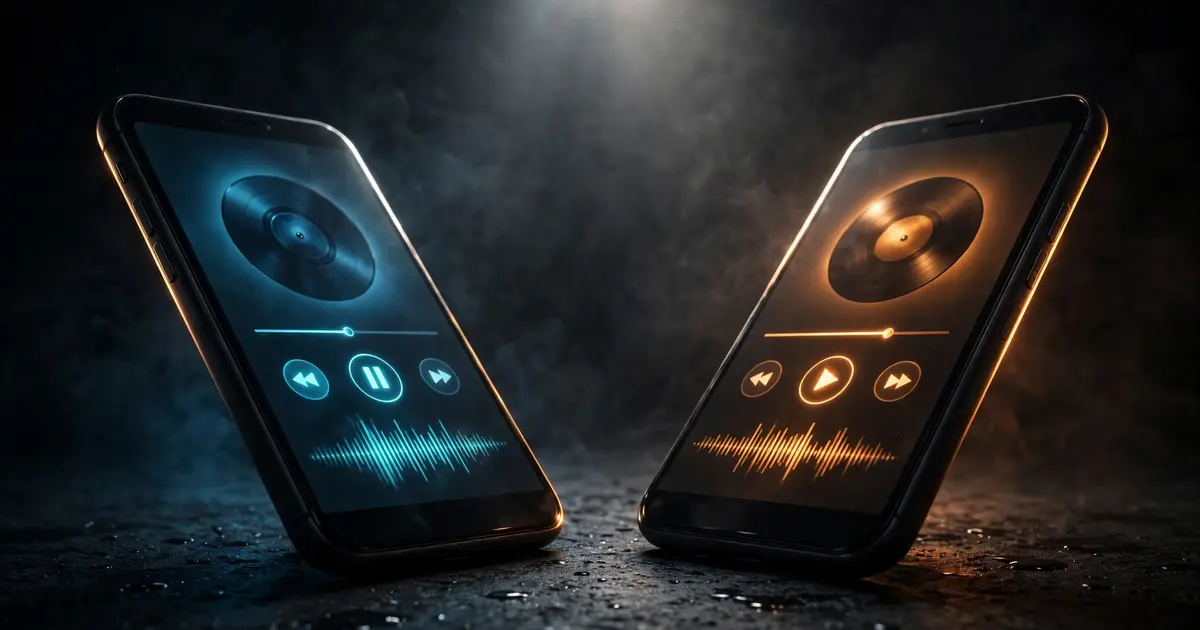 Two smartphones facing each other under a spotlight, each screen glowing with a media player