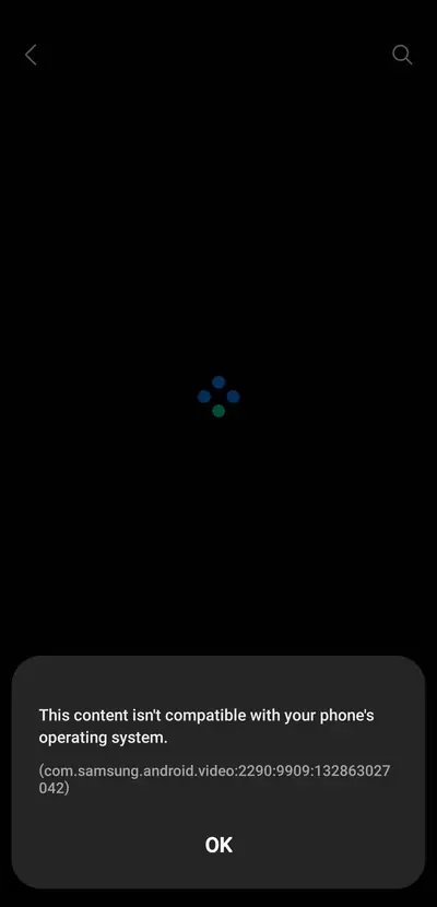 Android phone showing a video playback error message about incompatible content