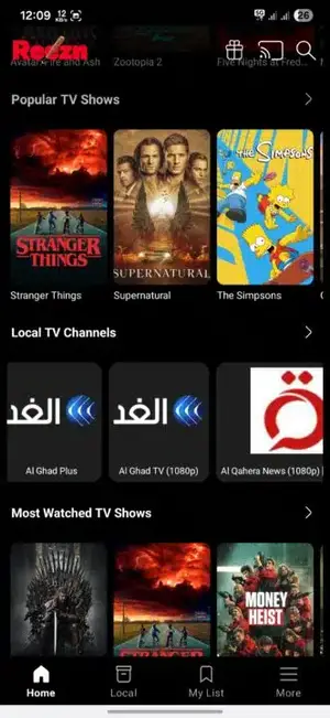 Reezn app TV section with Popular TV Shows, Local TV Channels and Most Watched rows